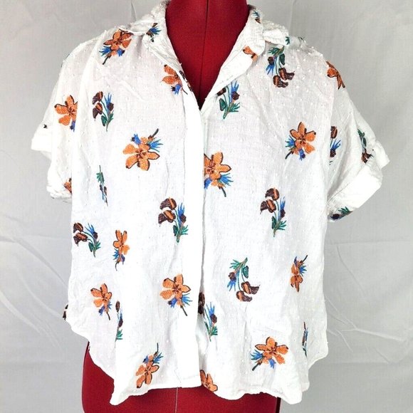 Madewell Tops - Madewell Brand White Floral Short Sleeve Embroidered Button Down Blouse - S